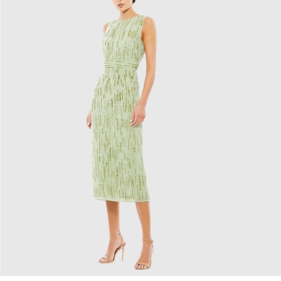MAC DUGGAL Abstract Beaded Sleeveless Midi Sheath Dress NEW Size 10 Sage Green. - Picture 2 of 14